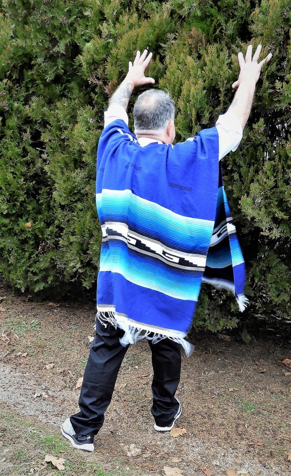 メキシコフリンジポンチョ ヴィンテージ ブルー織りポンチョ｜ユニセックス メキシカンセラペ