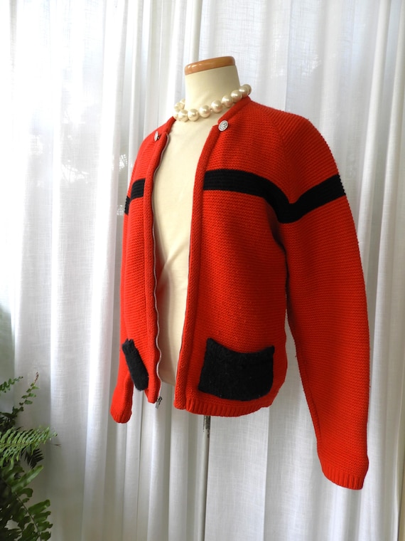 Vintage 1960s Jantzen Knit Cardigan Red Black Stripe Zip Front S/M