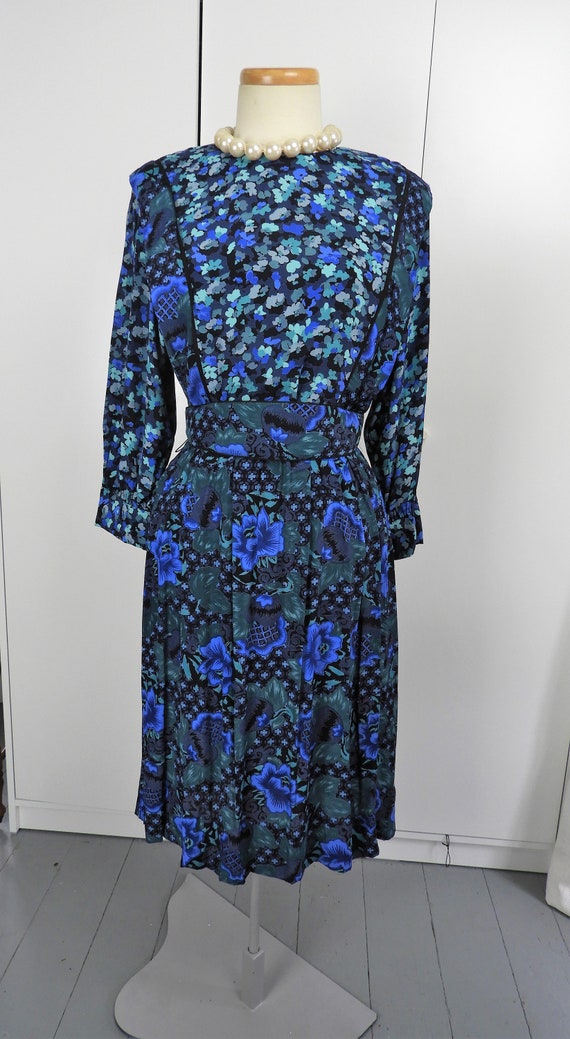 Vtg 1980's Floral Print Blue Rayon Dress, 1980's … - image 3