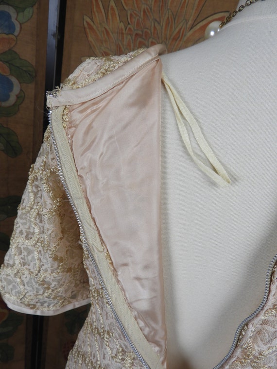 Vtg 1950's Beige Lace Embroidered Dress, Vtg Nude… - image 8