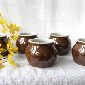 May include: Five small, round, brown ceramic pots with a glossy finish and white rims are arranged on a white surface. Yellow flowers and green stems are in the background.