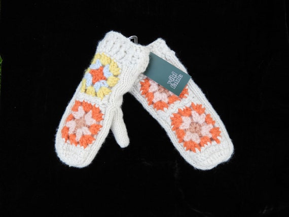 Hand Knit White Orange Mittens|Hand Crocheted Gra… - image 1