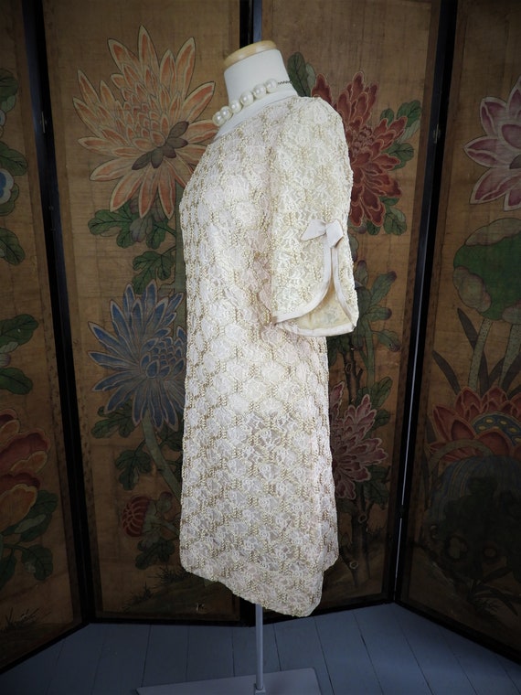 Vtg 1950's Beige Lace Embroidered Dress, Vtg Nude… - image 6