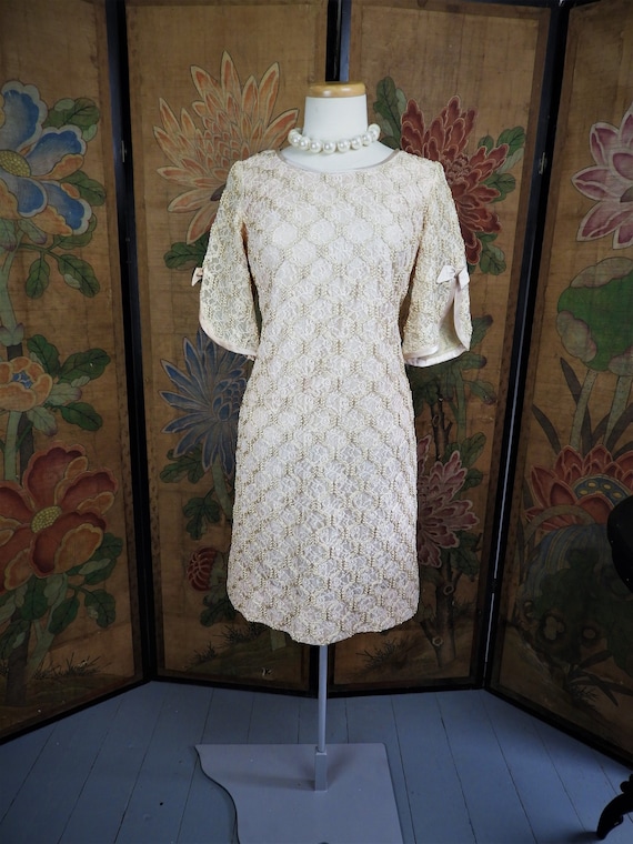 Vtg 1950's Beige Lace Embroidered Dress, Vtg Nude… - image 1