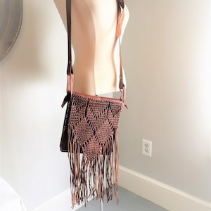 Vtg Crossbody Leather Hippie Purse, Vtg Leather Fringed Woven Purse, Boho Fire Fly Clothing