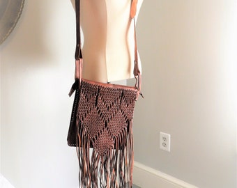 Vtg Crossbody Leather Hippie Purse, Vtg Leather Fringed Woven Purse, Boho Fire Fly Clothing