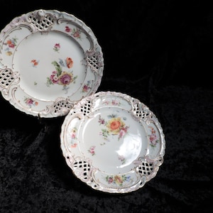 Antique Meissen Hand Painted Floral Plates, 2 Vtg 1880&#39;s Meissen German Porcelain Dessert Plates, Collectible Meissen Lacework Plates 7&quot;