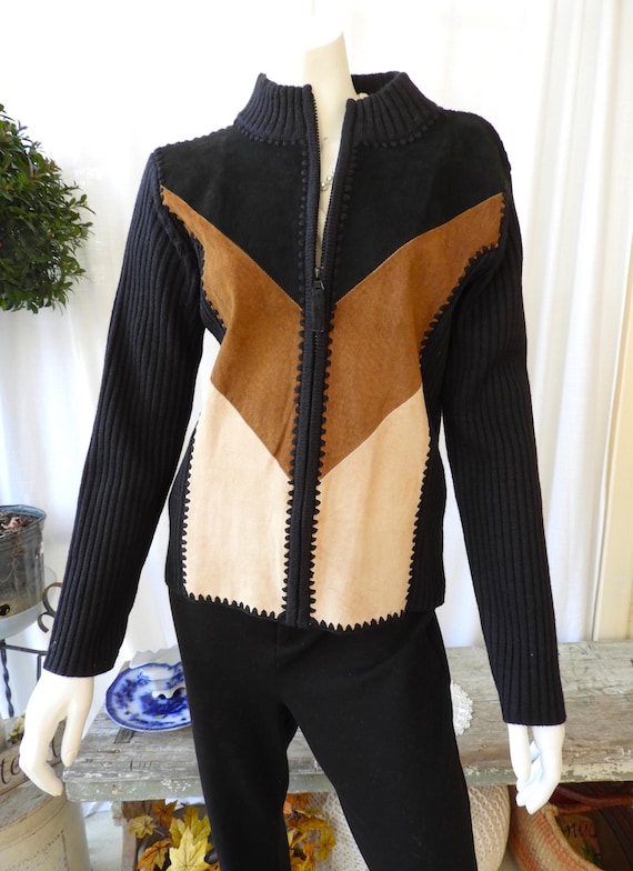 Vtg BOHO Suede Patchwork Knit Jacket Black Browns… - image 6