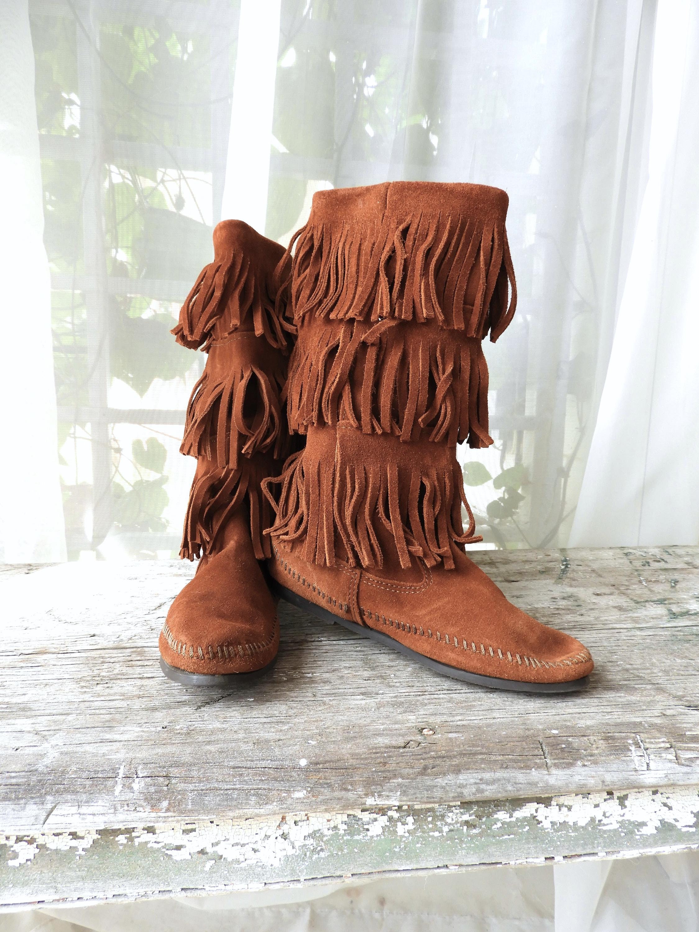 Vtg Hippie Buckskin Fringed Moccasinsvtg Minnetonka 3 Layer Fringe Brown Bootsvtg BOHO Fringed Boots Sz 7 Etsy