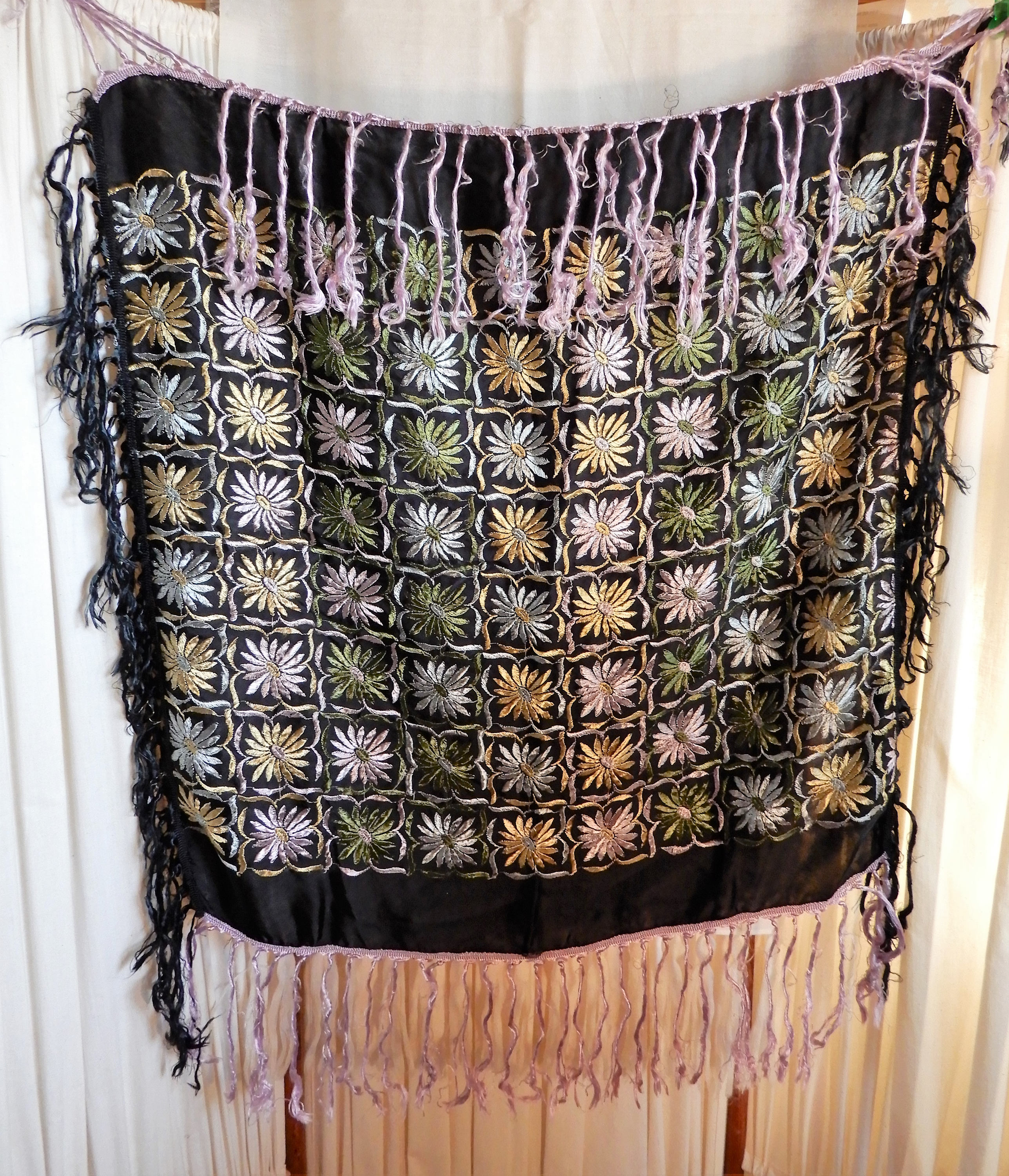 Victorian Black Silk Shawl, Hand Embroidered Antique Shawl