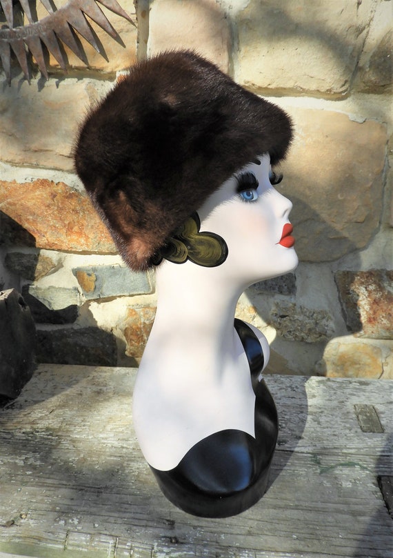 1960's Mink Fur Pill Box Hat, Sapphire Blue Lined