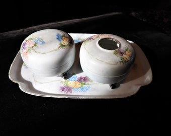 Vtg Vanity Item, White Porcelain 3 pc Dresser Accessory, Floral Pastel Roses Violets Dresser Set, Hair Receiver Japan