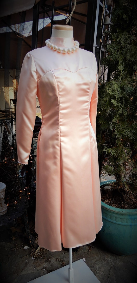 Vtg Peach Fitted Dress, 1940's Liquid Satin Dress,