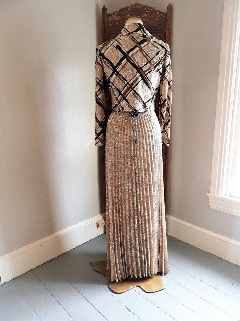 Vtg 1970's Bronze Metallic Gown, Vtg Retro Formal Dress & Jacket, Vtg Leslie Fay Geometric Pleated Gown sz M/L image 4
