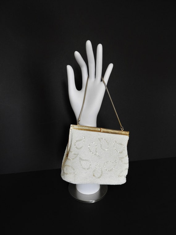 Vtg 1950's White Glass Beaded Purse, Vtg Bara Whit