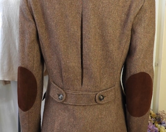 Chaqueta de equitación vintage de lana marrón de los años 70 con coderas de gamuza, talla S/M.