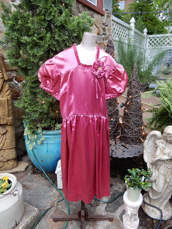 Vtg Girls Satin Dress, Dark Pink Liquid Satin Dres