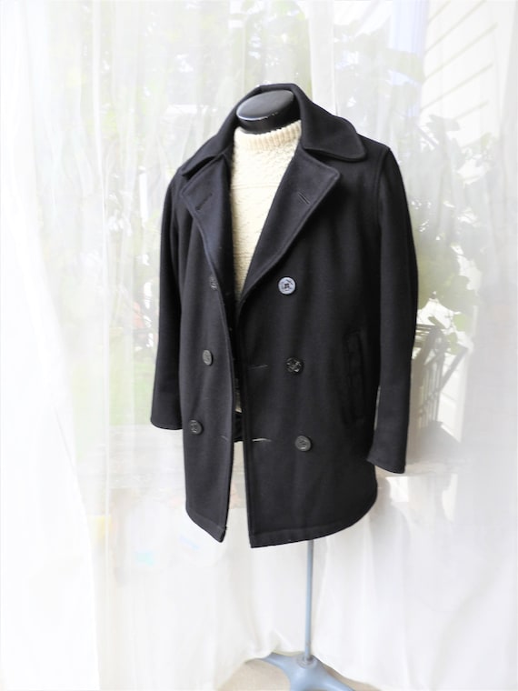 Vtg Black Wool Military Peacoat|Vtg Unisex Black … - image 1