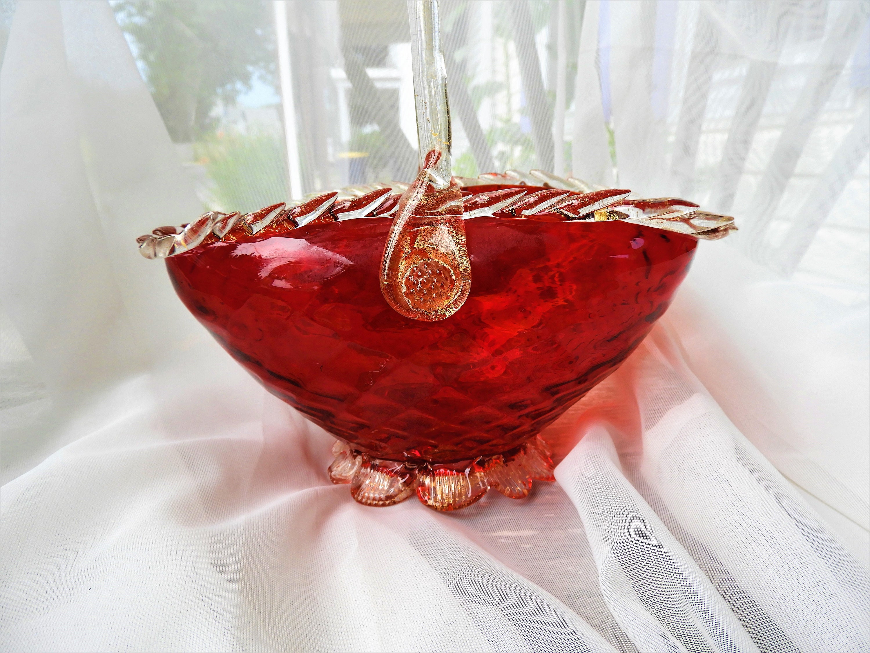 RARE Art Glass Italian Handled Basket, Antique Murano Glass