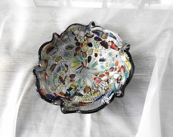 Vtg MCM Murano Dino Martens Glass Bowl|1960&#39;s Italian Tutti Frutti Metal Raku Glass Dish|Murano Ruffled Millefiori Cased Glass Bowl D 8.5&quot;