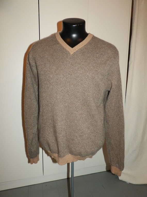 Vtg Men's Tan Sweater, Vtg Men's V Neck Herringbo… - image 3