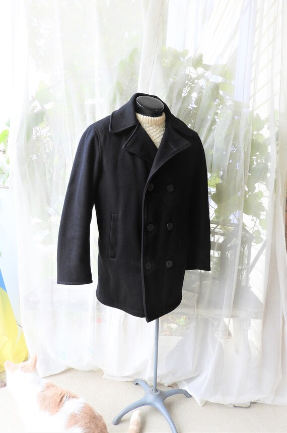 Vtg Black Wool Military Peacoat|Vtg Unisex Black … - image 2