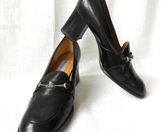 Vtg 1980's  Ladies Black Block Heeled Loafers Square Toed Etienne Aigner Made in Brazil sz 8M