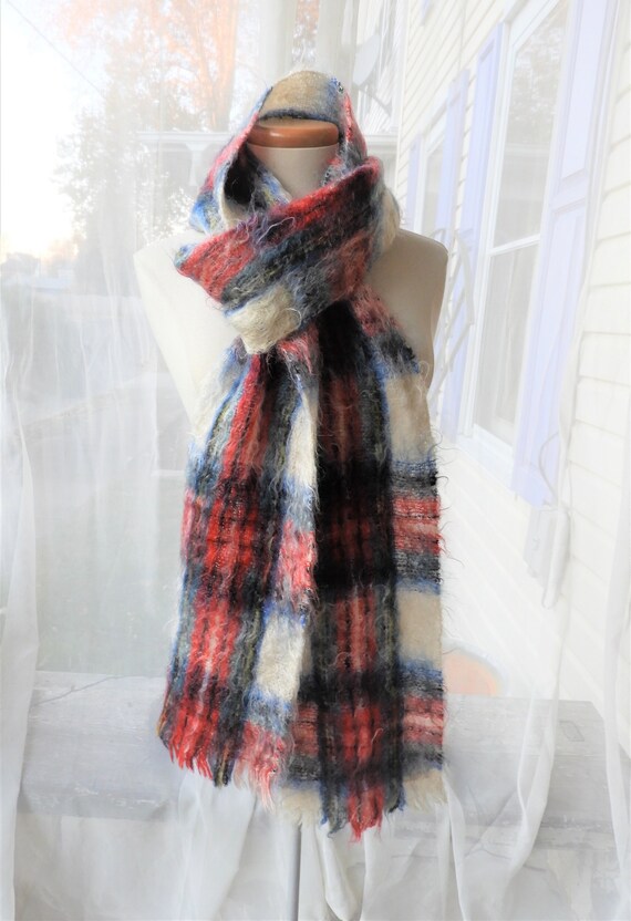 Vtg Plaid Long Mohair Scarf Red White Blue|Retro L