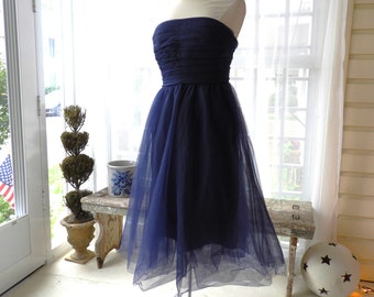 Vtg Navy Blue Strapless Party Dress|Blue Bubble Tulle Dress|Vtg Calvin Klein Navy Blue Dress sz 8