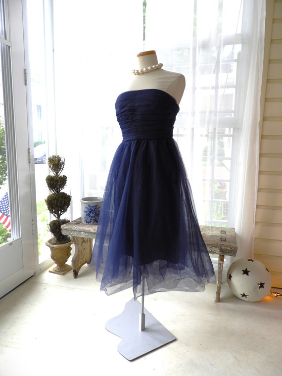 Vtg Navy Blue Strapless Party Dress|Blue Bubble Tu
