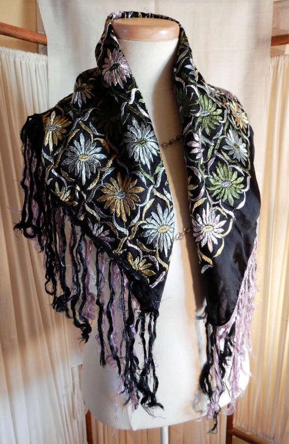 Victorian Black Silk Shawl, Hand Embroidered Anti… - image 1