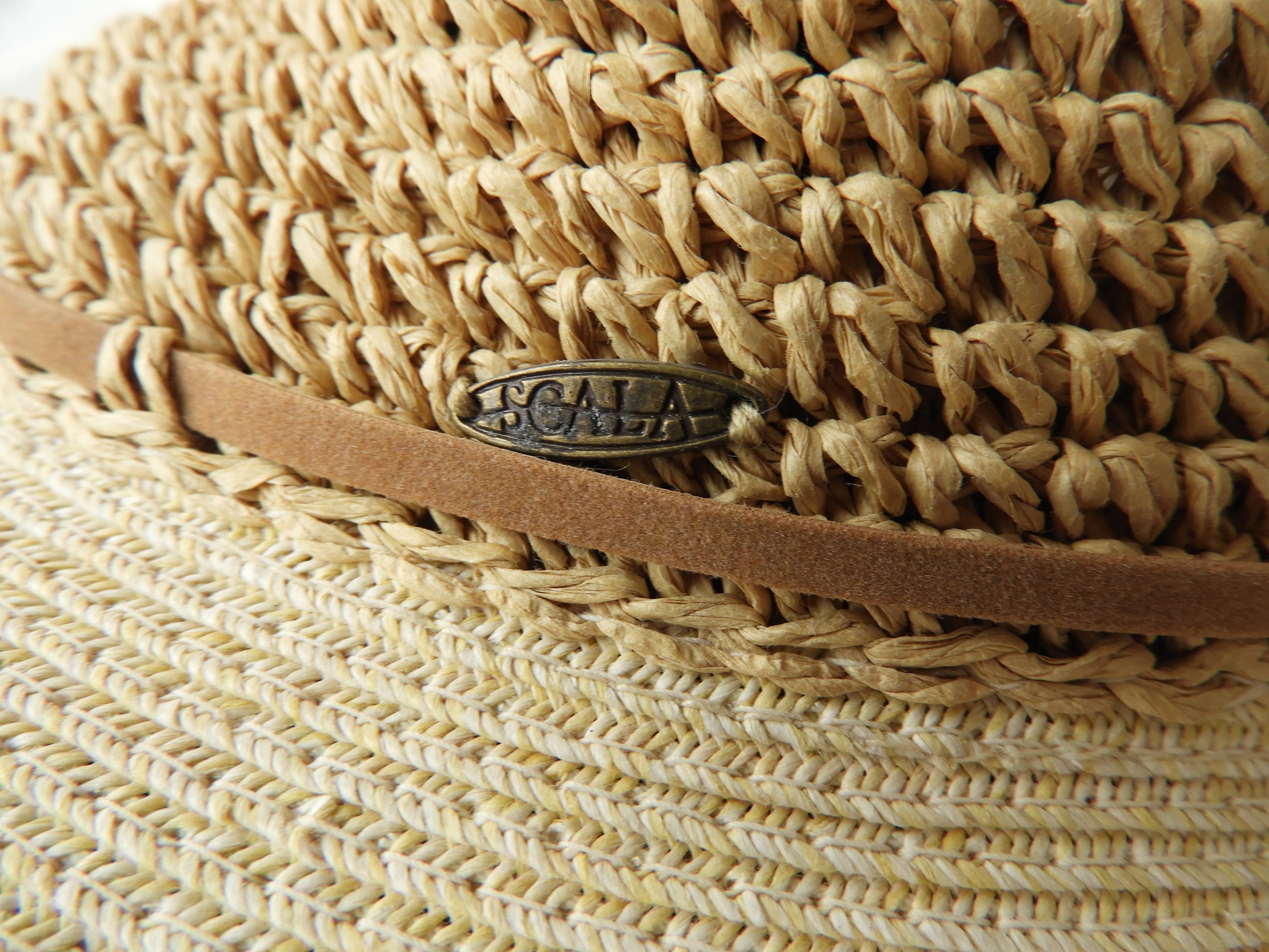 Scala OS Embroidered Fringe Tan Straw Woven Wide Brim Beach Summer Outdoors Hat Vintage Scala Woven Straw Sun Hat | Floppy Beach Hat - Etsy main image 2