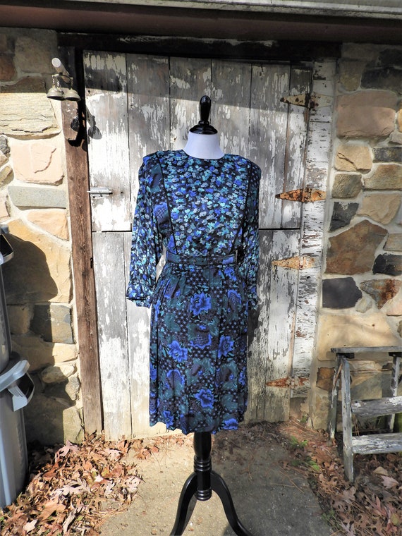 California Girl 1980's Dress, Blue Print Dress, Vt