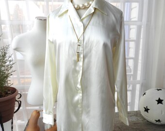 Vtg 80's White Sateen Tunic Drop Shoulder Blouse|Vtg Joanna Sateen Dress Blouse w/Necklace|Off-White Tunic Blouse sz S/M