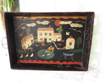 Bandeja de metal vintage pintada a mano con arte popular, decoración primitiva (50,8 x 35,5 cm)
