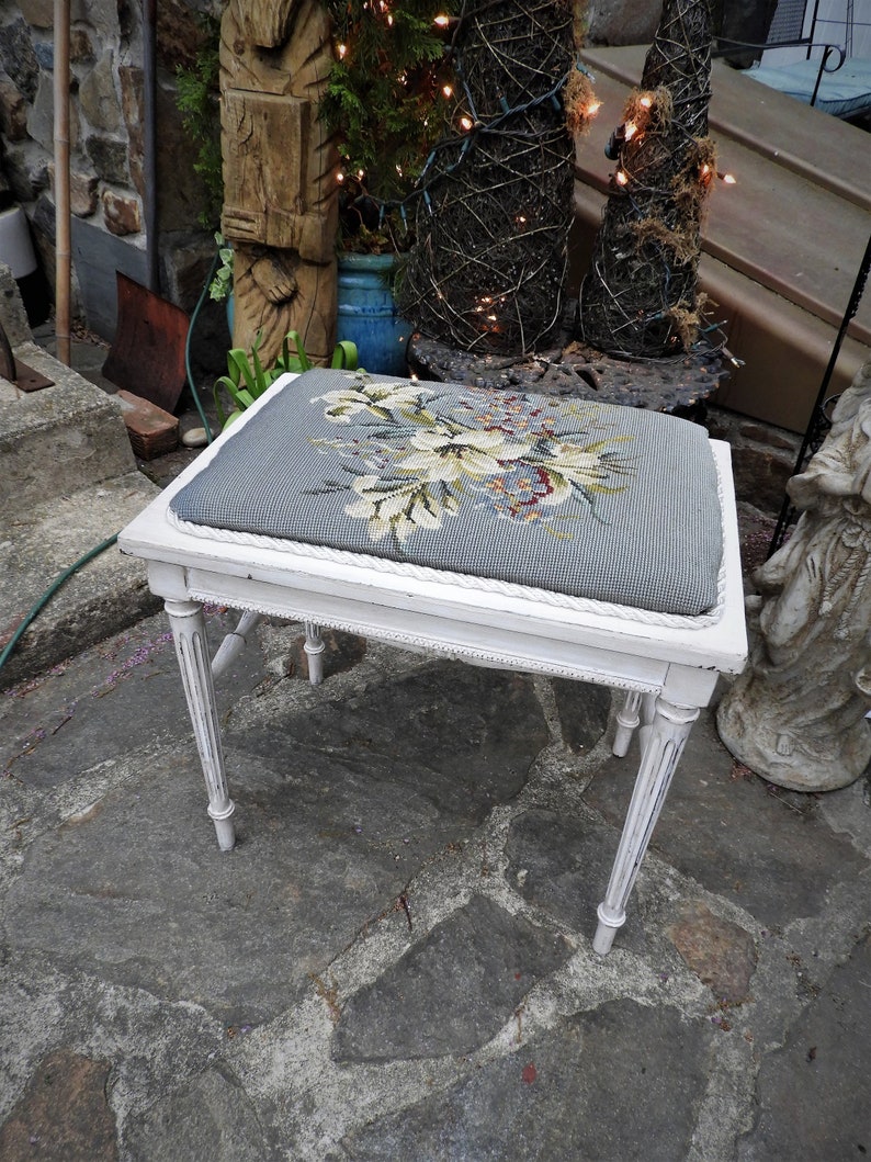 Vtg White Bench Seat Small Victorian Bench Needlepoint Bench Seat H 18 x W 20 x D 14