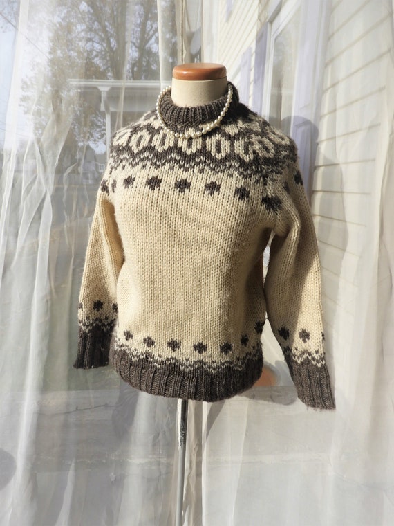 1970's Wool Fair Isle Cream Brown-Grey Pull Over S