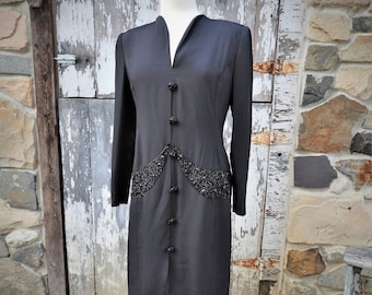Vtg 1920's Style Dress, Black Beaded Flapper Dress, 1980's Black Evening Dress by Carolina Herrera  sz S/M