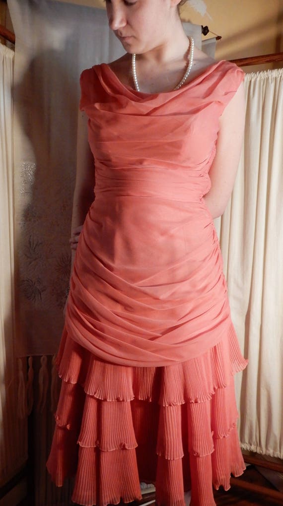 1930's Coral Peach Chiffon Dress,Rushed Layered Dr