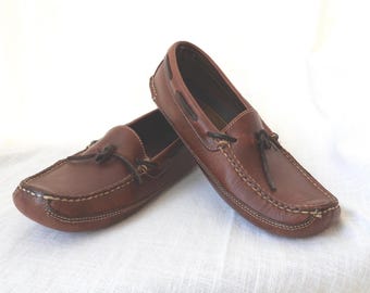 Vtg 80's Men's LL Bean Cognac Slippers|Leather Moccasins Double-Sole Moc-Toe 8D