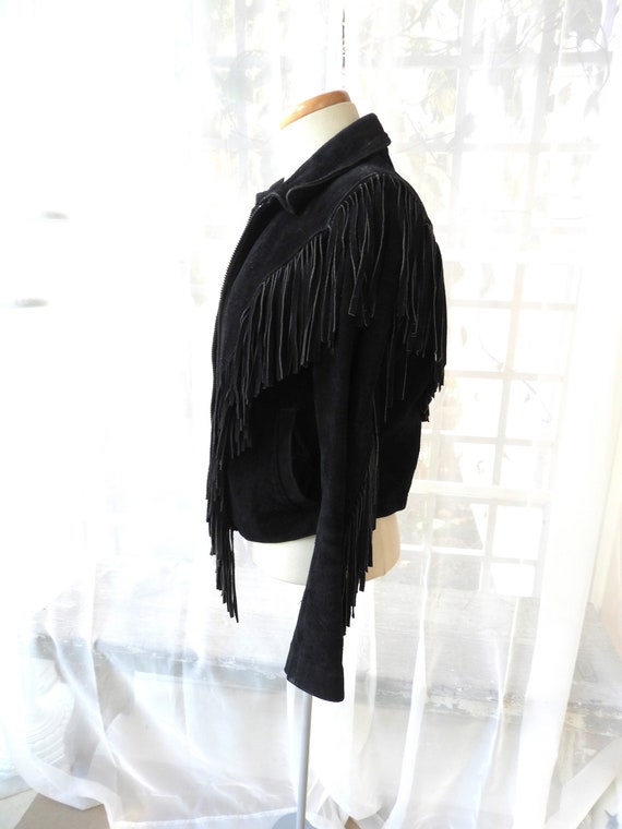 Vtg Ladies Black Suede Short Fringed Jacket|Vtg W… - image 1