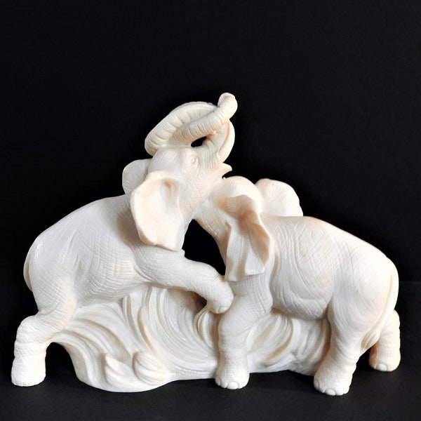 Vtg Elephant Figurine, Vtg Faro White Elephants Figure, Vtg Italian Alabaster Composite Faro Figure H 7" x W 9.25" x D 3"