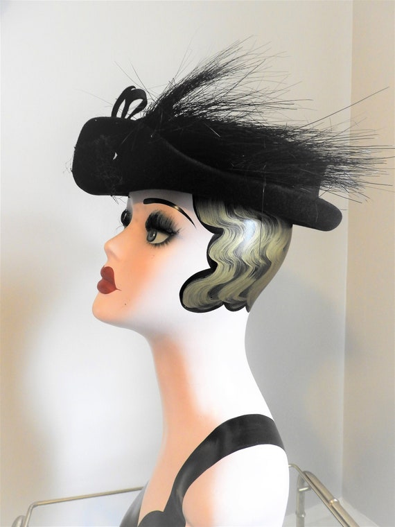 Vtg 1930's Black Felted Hat, Vtg Black High Fashio