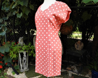 Vtg 1940's Style Peach Polka Dot Dress|Vtg 1980's My Michelle Peach Sheath Dress|Vtg Polka Dot Batwing Summer Dress sz 7/8