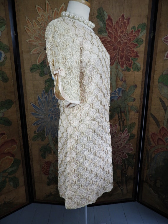 Vtg 1950's Beige Lace Embroidered Dress, Vtg Nude… - image 5