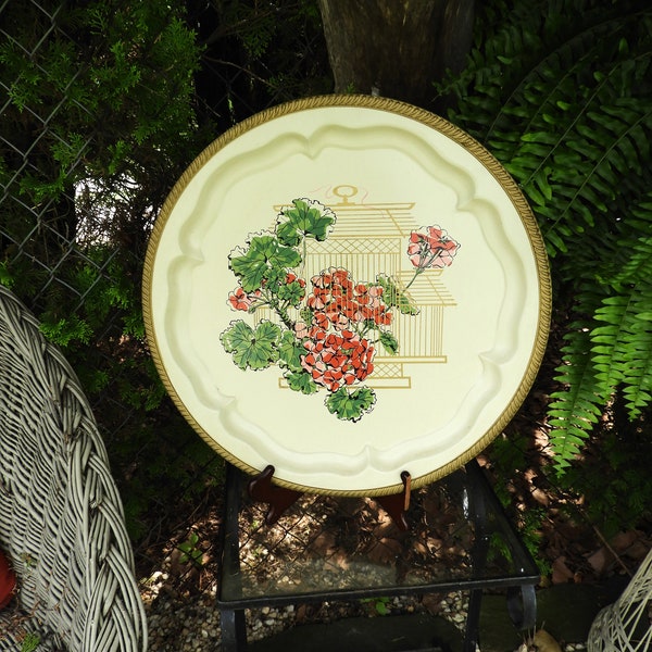 Vtg Large Metal Retro Serving Tray|1970's Round Floral Tray|American Art Works Social Supper Tray Geraniums 18 1/2" D