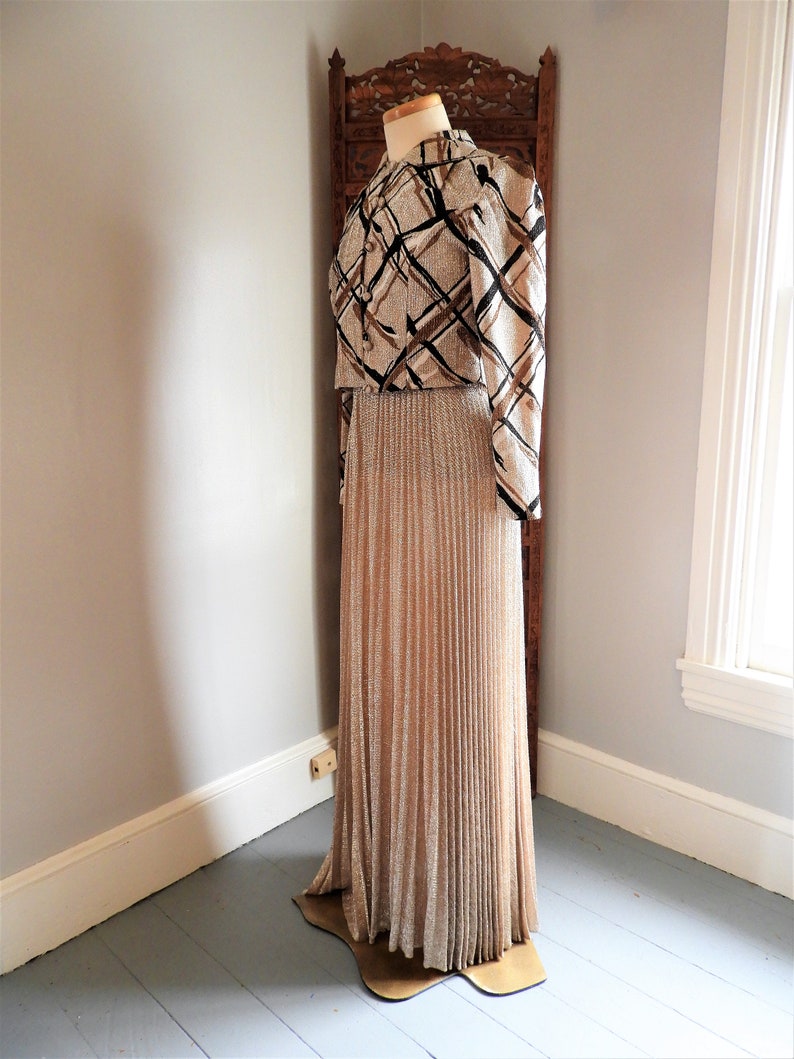 Vtg 1970's Bronze Metallic Gown, Vtg Retro Formal Dress & Jacket, Vtg Leslie Fay Geometric Pleated Gown sz M/L image 5