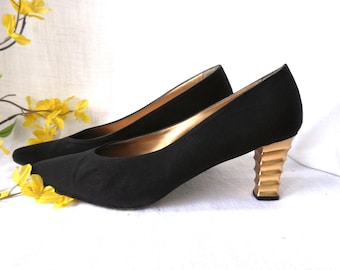Vtg 1980's Black Pumps Sculptured Gold Heels Coup d'etat sz 9.5M Made in Spain