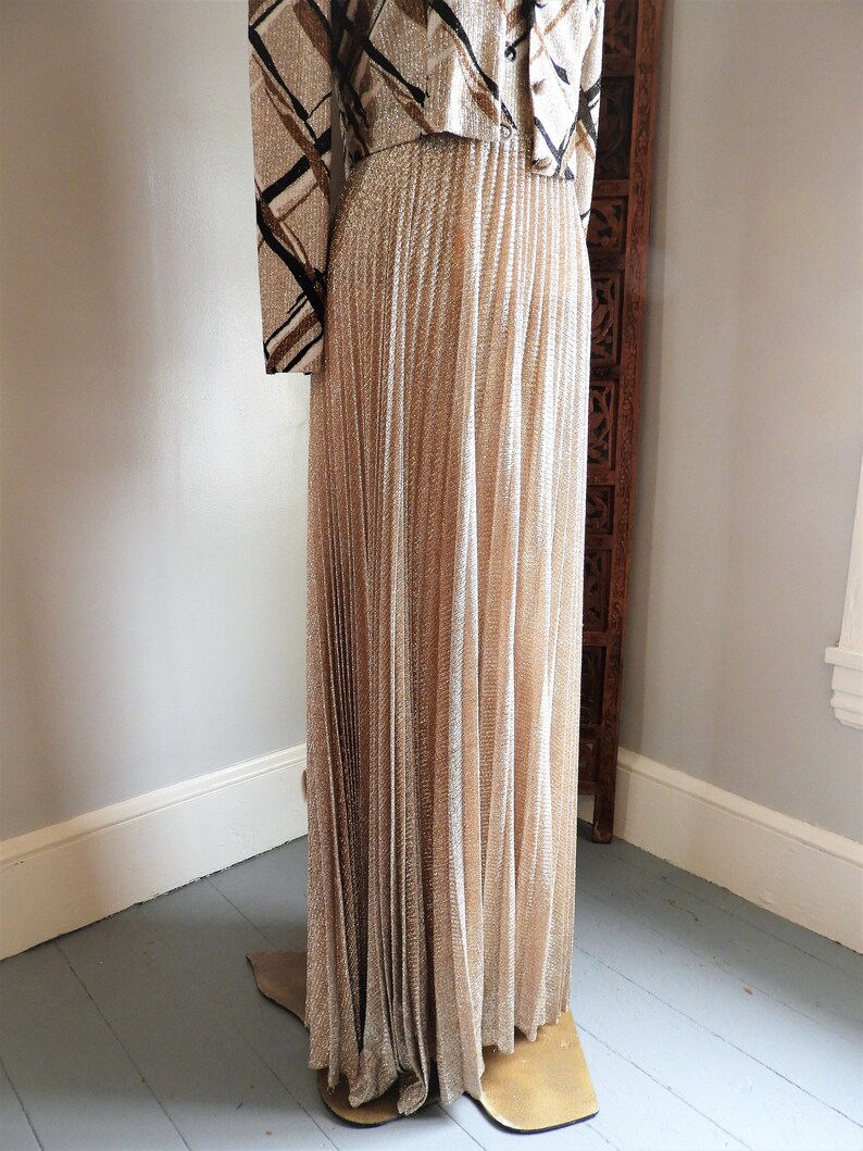 Vtg 1970's Bronze Metallic Gown, Vtg Retro Formal Dress & Jacket, Vtg Leslie Fay Geometric Pleated Gown sz M/L image 3