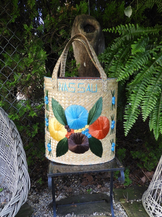 Vtg Large Boho Straw Beach Tote|Vtg Colorful Straw